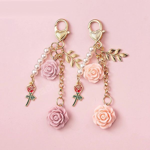 

sweet 3d rose flower keychain multicolor flower keyring with pearl tassel metal leaf women earphone case handbag accessories, Silver