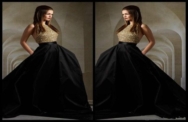 

elie saab evening dresses 2016 stunning gold sequins and black skirt halter backless formal evening gowns sweep train prom dresses1213325, Black;red