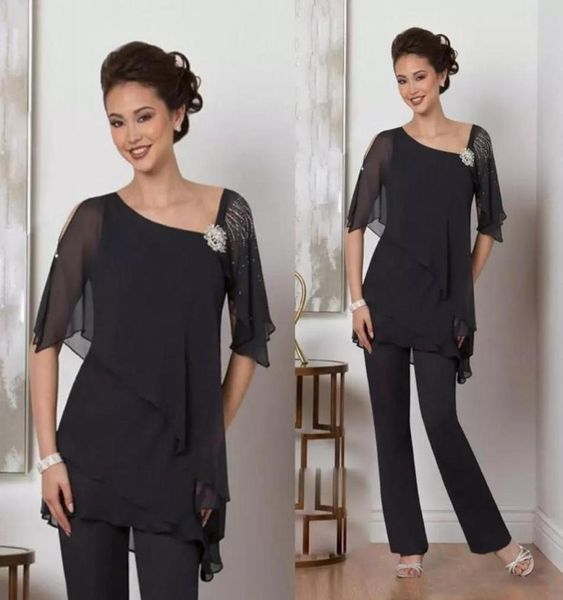 

2021 black two pieces mother of the bride pant suits with half sleeves beaded wedding guest dresses chiffon plus size formal dress9079909, Black;red