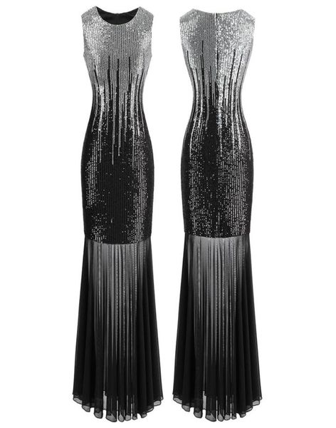 

angelfashions women classic silver black sequins transparent tulle maxi sheath cocktail evening dress vintage party 4587550535, Black;red