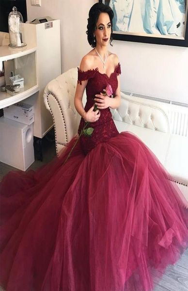 

burgundy mermaid prom dresses off the shoulder lace appliques tutu tulle bridal guest dress sweep train layers back zipper evening9039438, Black