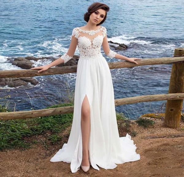

wedding dress beach chiffon appliques simple dress aline slit side vestido de novia playa bridal gown three quarter sleeve weddin1314171, White