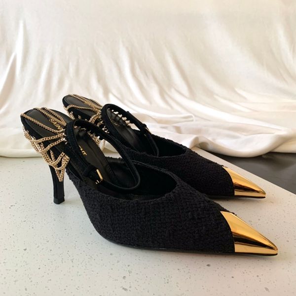 

designer heels women dress shoes luxury sling chain-trimmed suede pumps pointy toe stiletto heel eu34-40 with box wedding party, Black
