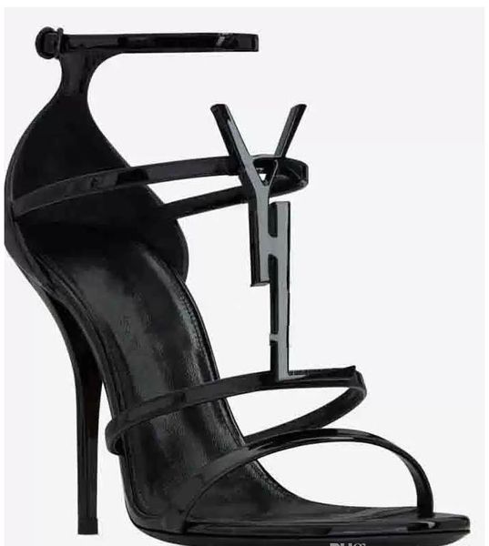 

dress shoes high heels women 2023 new style letter heel thin heel leather open-toe sandals women's banquet shoes with box, Black