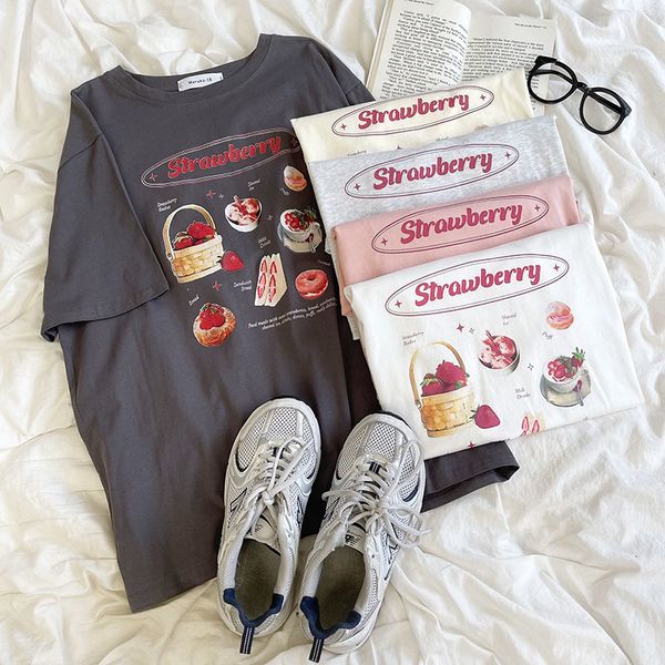 

womens tshirt summer strawberry basic short sleeve tshirt 230404, White