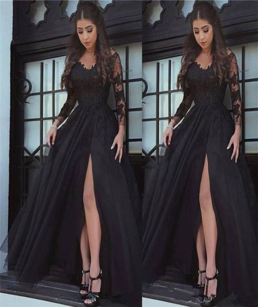 

black amazing vneck long sleeve prom dresses appliques tulle long formal prom gowns robe de bal party evening dresses3379108