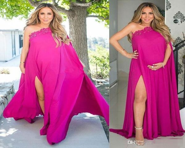 

fuchsia one shoulder pregnant evening dresses high split side plus size chiffon maternity dresses with applique long prom gowns9256297, Black;red
