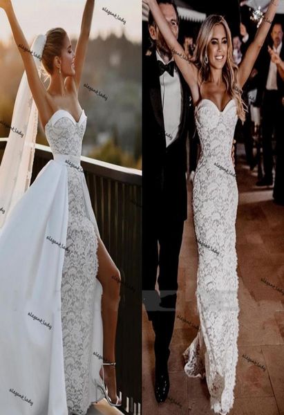 

sweetheart mermaid wedding dresses with detachable train 2021 lace stain slit country beach outdoor bride dress robes de mari7318144, White