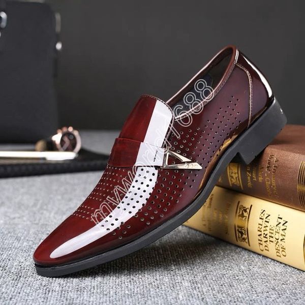 

formal leather shoes for men concise slip on dress male footwear business office pointed summer breathable hollow man loafers, Black