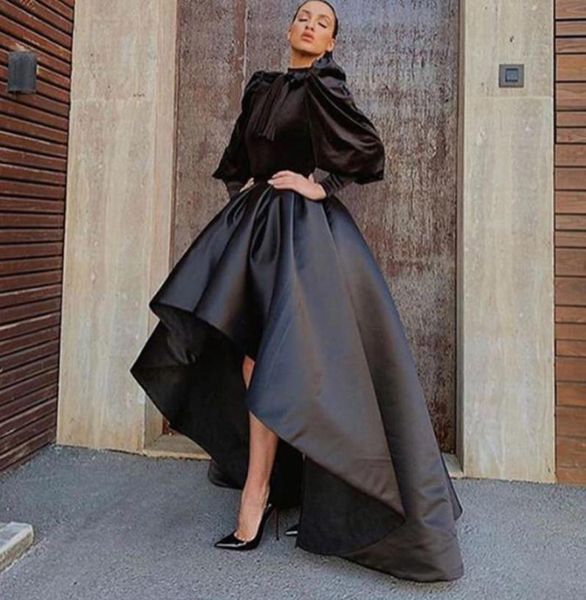 

black prom dresses 2020 bowknot long sleeve high front and low back satin evening gowns formal dresses7808873