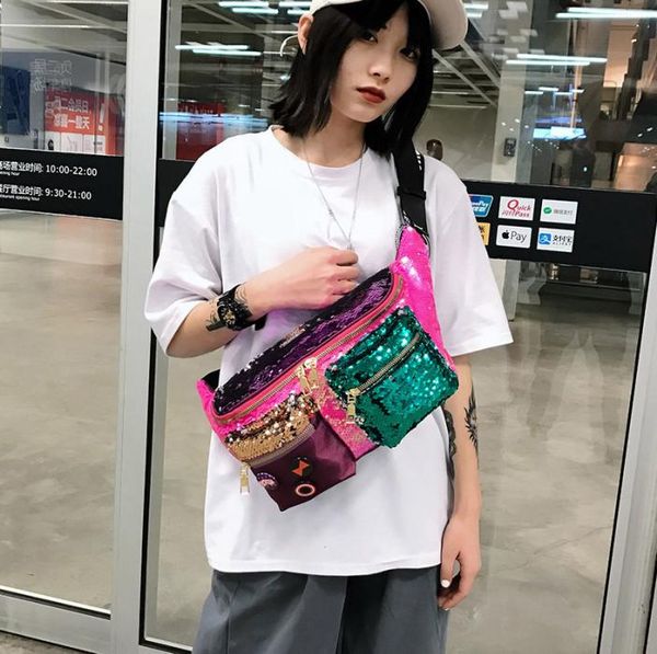 

color sequins women039s waist bag large capacity hip hop fanny pack multiple pockets belt bags female shoulder crossbody chest 3635386