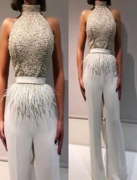

custom made beaded high collar pant suit evening dresses with feathers sash sleeveless jumpsuit party prom gowns7215966, Black;red
