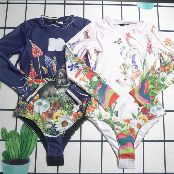 

luxury brand designer swimsuit womens fashion one piece swimwear rabbit print long sleeve swim set women clothing, White;black
