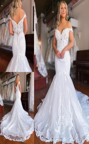 

gorgeous lace mermaid wedding dresses applique bridal gown 2021 off the shoulder sweep train covered buttons back custom made plus3977514, White
