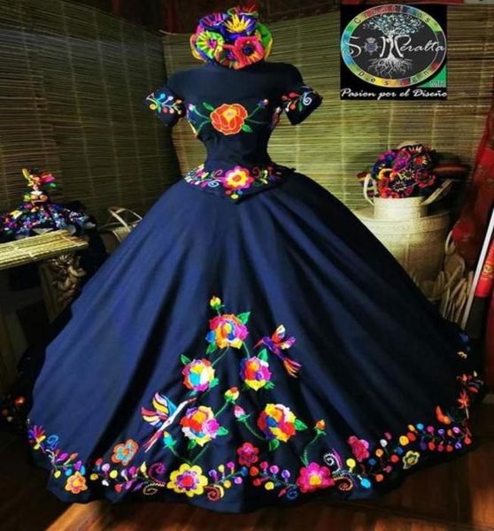 

charro mexico quinceanera dress navy blue embroidered lace off the shoulder sweet 15 girls graduation prom dress crost back4921613, Blue;red