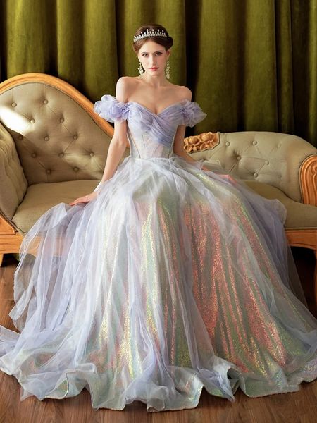 

luxury celebrity dresses a-line colorful purple glitter sequins off the shoulder tulle pleat birthday fairy party evening gowns, Black;red