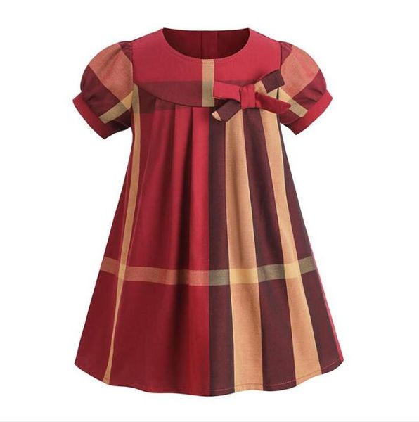 

Cute Baby Girls Princess Dresses Summer Kids Short Sleeve Dress Cotton Girl Plaid Dresses with Bowknot, Red