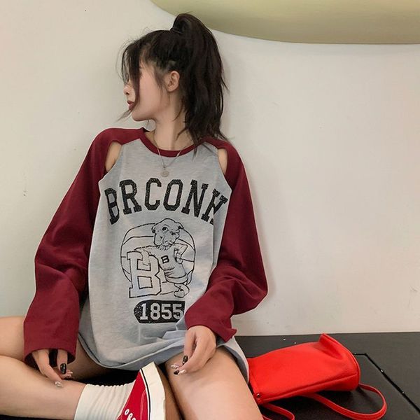 

womens tshirt american fashion y2ko neck tshirt off shoulder letter print loose slouchy style harajuku vintage 230404, White