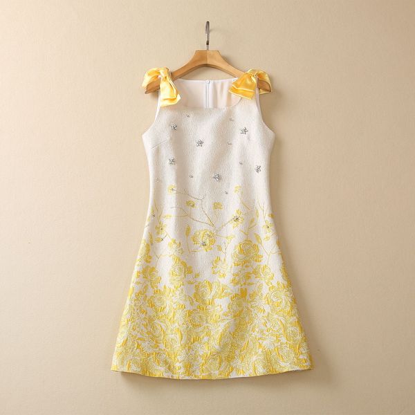 

casual dresses european and american women's clothes 2023 spring new bow jacquard print sleeveless yellow fashionable dress, Black;gray