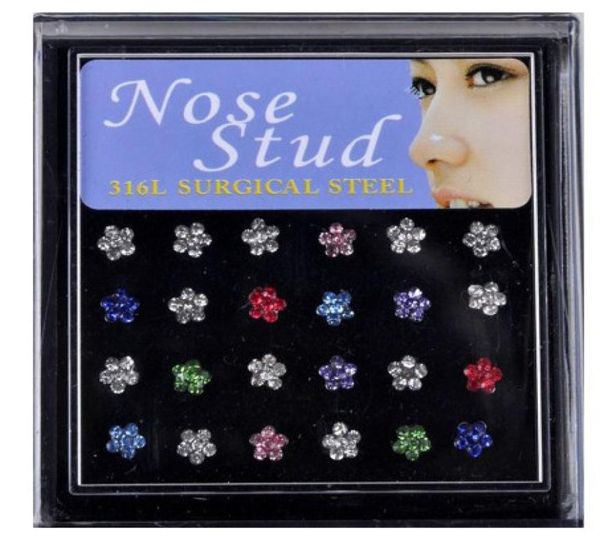 

316l surgical stainless steel heart star sun flower rhinestone nose stud white colourful gems body piercing jewelry 24pcsset2886664, Silver