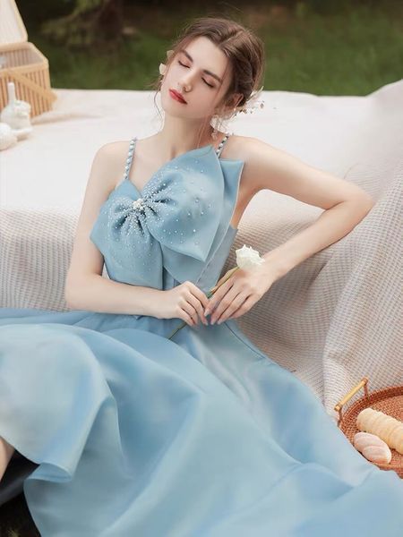 

blue celebrity dress spaghetti straps pearls lace up backless with big bow a line floor length party elegant prom evening gowns, Black;red