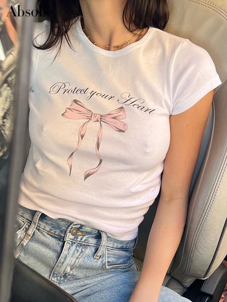 

womens tshirt absobe pink letter print crew neck crop tee women short sleeve basic versatile slim tshirt tie casual outfit streetwear 230404, White