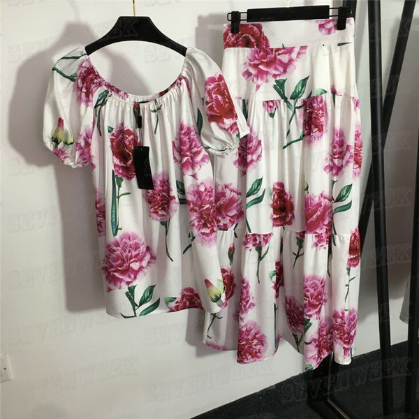 

flower print t shirts dress sets for women summer vacation style suspenders vest high waist long skirts two piece, White