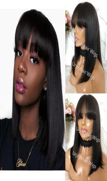 

celebrity wigs bob cut lace front wig with bang 10a european virgin human hair natural color for black woman fast express delivery7366961, Black;brown