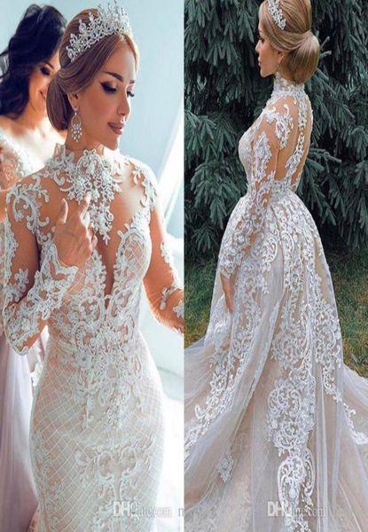 

luxurious 2020 african mermaid wedding dresses with detachable train high neck lace bridal dress long sleeves plus size wedding go7089930, White