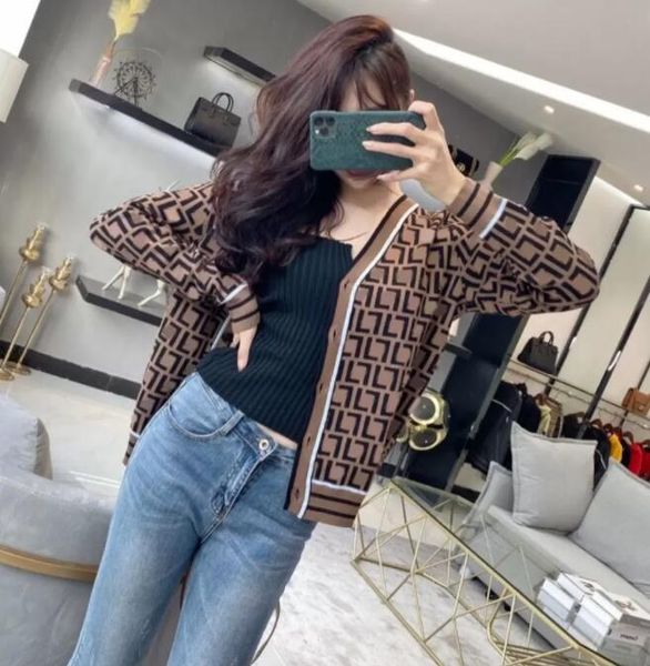 

high-quality doublewomen's & tees f letter t-shirt knitted cardigan knitted jacquard temperament v-neck thin knitted jacket men's, White