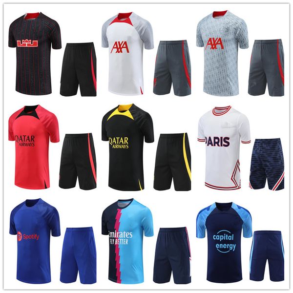 

mens short sleeve tracksuit 2022 23 soccer training suit t-shirt shorts football uniform set, Black