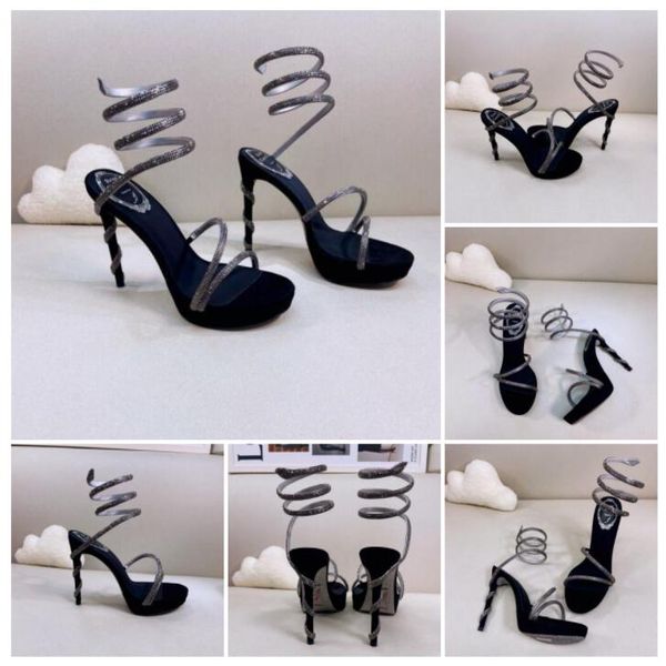 

rene caovilla cleo open toe sandals crystal embellished spiral wrap around sandals twining rhinestone sandal women rainbow stiletto heels sh, Black