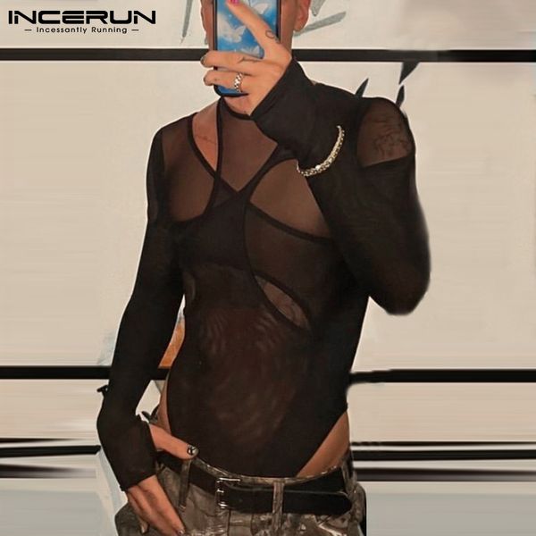 

men s sleepwear incerun mesh bodysuits see through underwear o neck long sleeve irregular rompers pajamas hollow out bodysuit s 5xl 230404, Black;brown