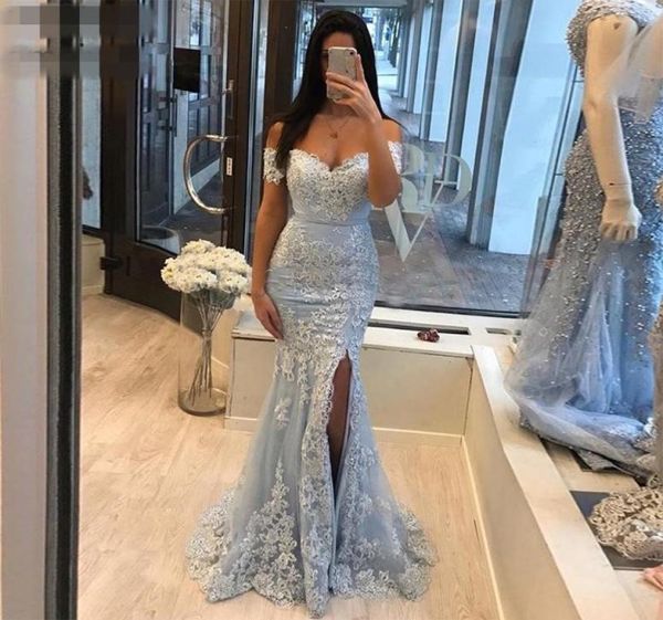 

2020 off shoulder light sky blue prom dresses custom evening dress event mermaid style appliques front split new special occa1688790, Black