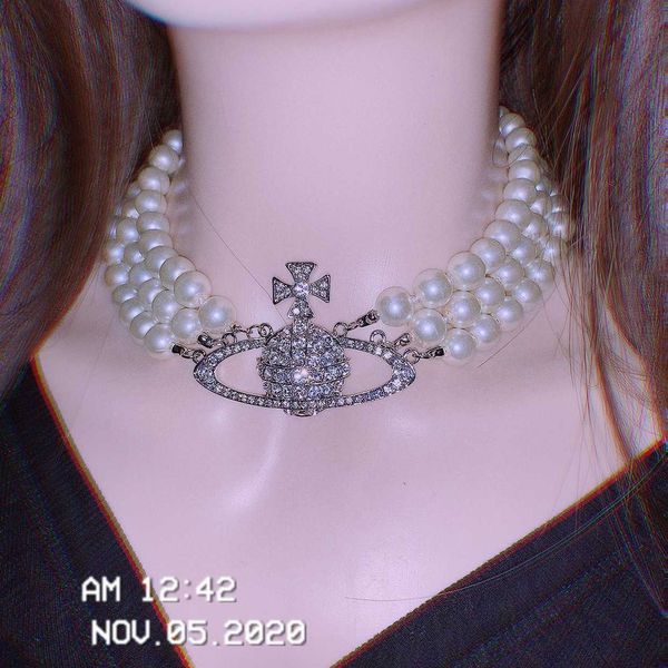 

fashionable three-layer pearl full diamond necklace neck chain choker, Silver