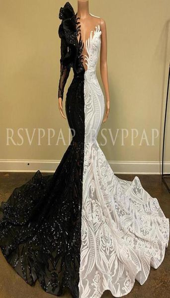 

black and white mermaid plus size prom dress 2021 arrival sparkly sequin one long sleeve african girl evening dresses9627086