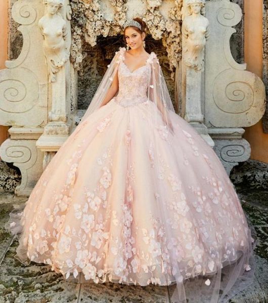 

pretty princesa 3d flowers pearl detachable cape watteau blush pink mexicano sweet 16 quinceanera dress ball gown 2021 spring new 2720577, Blue;red