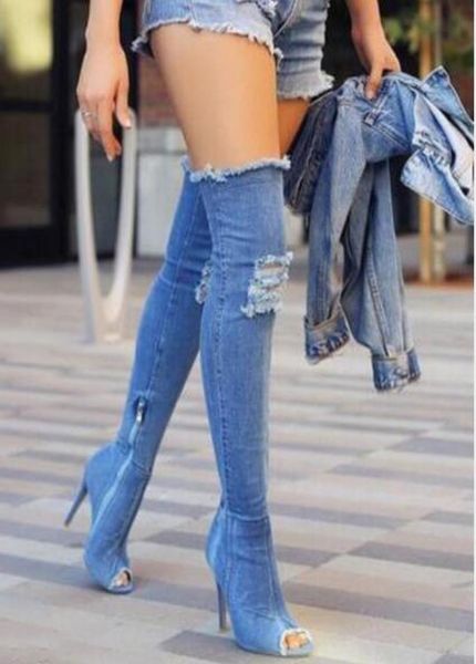 

women boots summer autumn peep toe over the knee boots quality high elastic jeans fashion boots high heels plus size9310614, Black