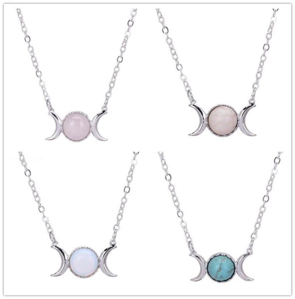 

fahsion silver plated natural stone necklace sun moon opal turquoise pink crystal pendant necklace for women jewelry1632281