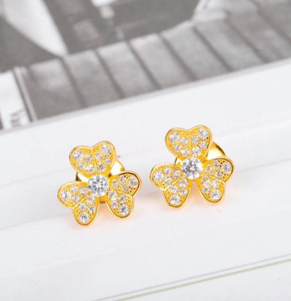 

s925 silver charm three leaves flower design stud earring with all diamonds in two colors plated for women engagement jewelry gift8413753, Golden