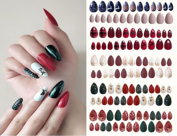 

24pcssheet acrylic full cover artificial fake nails diy christmas tree snowman christmas nail art5140024, Red;gold
