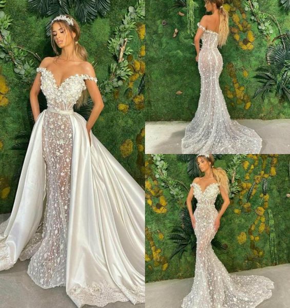 

luxury mermaid wedding dresses with detachable skirt lace 3d floral appliqued country wedding dress satin custom made vestidos de 5079149, White