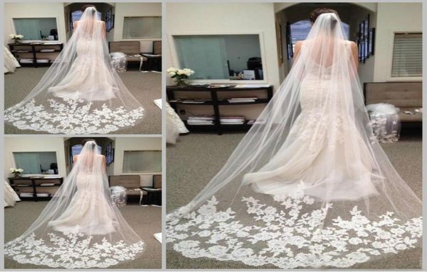 

fashion chapel length tulle bride wedding veils with comb applique decoration long bridal veil hair accessories2234376, Black