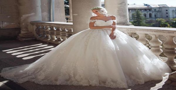 

luxury beaded ball gown wedding dresses off the shoulder lace appliques pearl princess wedding gowns 3d flower tulle bridal dress3761651, White