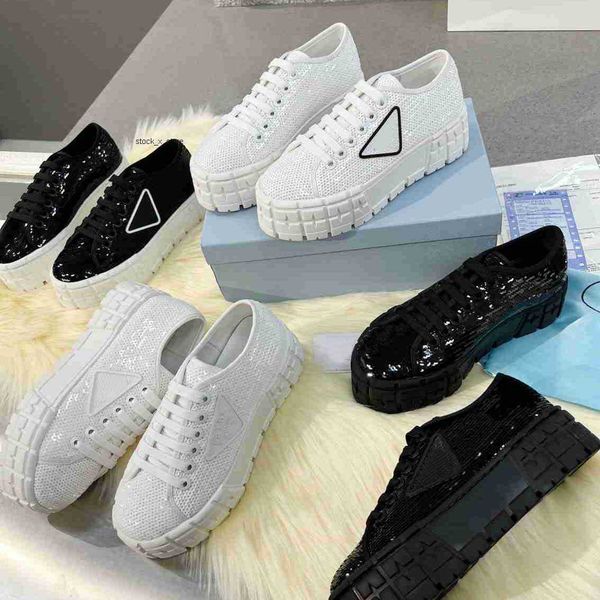 

designer sneakers double wheel casual shoes nylon gabardine shoe canvas platform trainers sequin solid canvas sneaker, Black