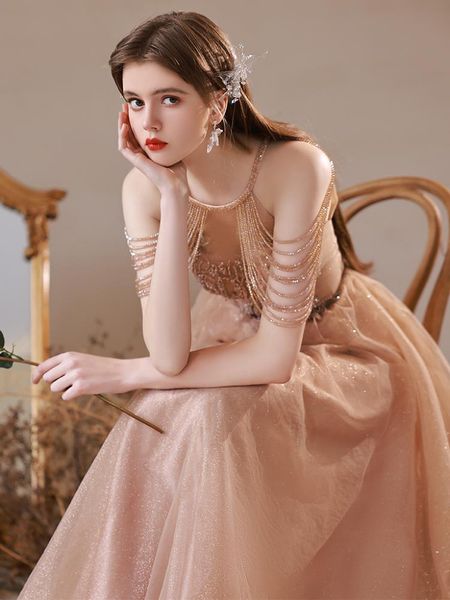 

elegant celebrity dresses champagne gold appliques beading tassel halter neck floor length party a line evening gowns host new, Black;red