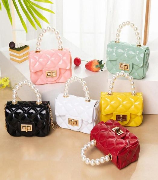 

kids mini handbag new elegant shoulder messenger portable chain bag girl pvc jelly bag pearl crossbody rhombus small square bag1222763, Black