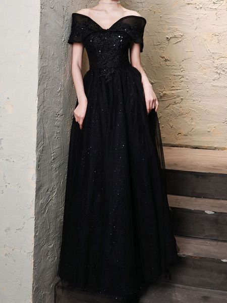 

black prom dresses off the shoulder lace-up back evening dress
