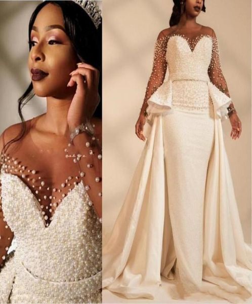 

plus size mermaid wedding dresses south african black girls luxury long illusion sleeve pearls beads garden church bride bridal go8610107, White