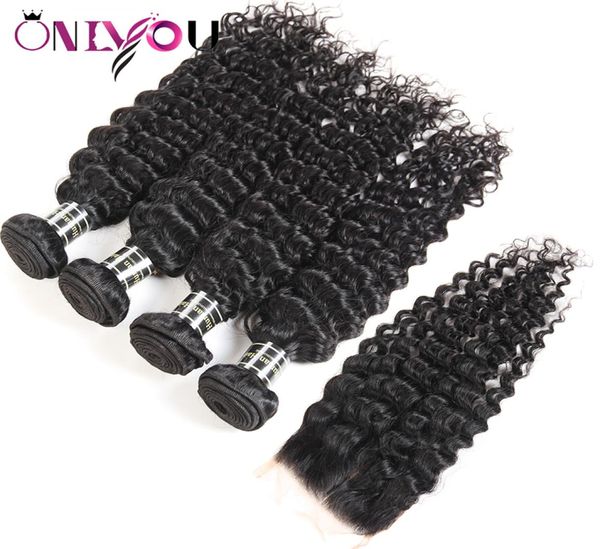 

brazilian deep wave virgin hair closure kinky curly human hair weave bundles with closure straight 4 bundles and weaves hair wefts9904742, Black;brown